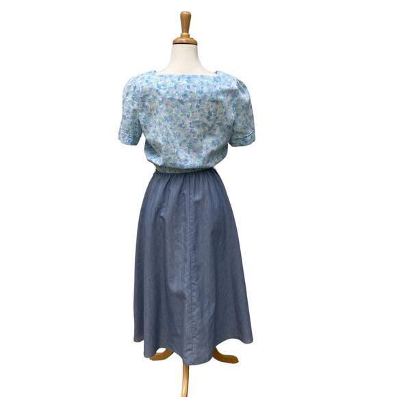 VTG Day Dress The Jones Girl Sz 12 Blue Floral Midi Pleated Feminine 50s 60s - Picture 6 of 13